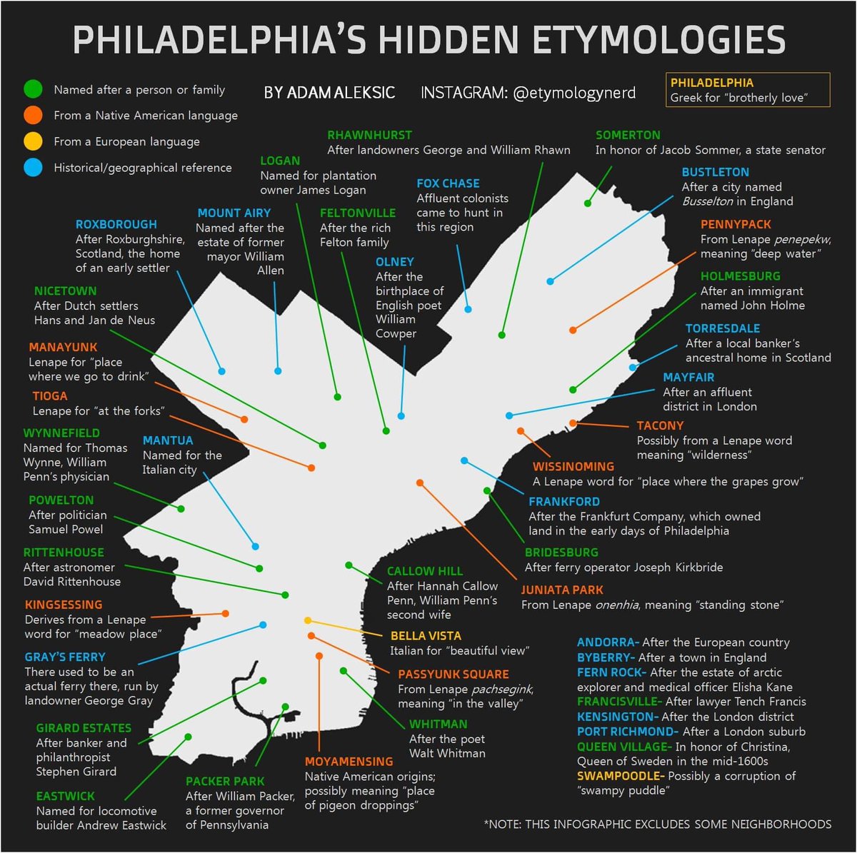 Cool map of philadelphia neighborhood name origins