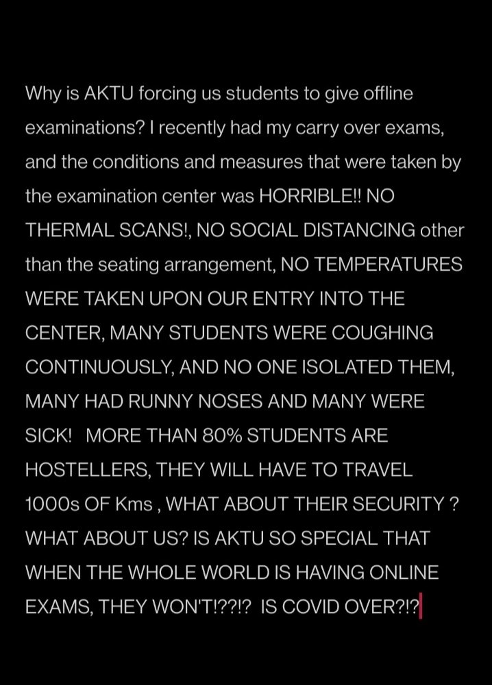 Aroob81531879's tweet image. See...jisne carry over exams diya h woh khud keh rhe ki exam centre pe social distancing maintain nhi horhi and carry over exams me toh km bache rhte h 
Aur end sem exams me kya aapke hisaab se social distancing maintain hogi?🙄🙄
#aktuonlineexam

@Mayawati 
@yadavakhilesh