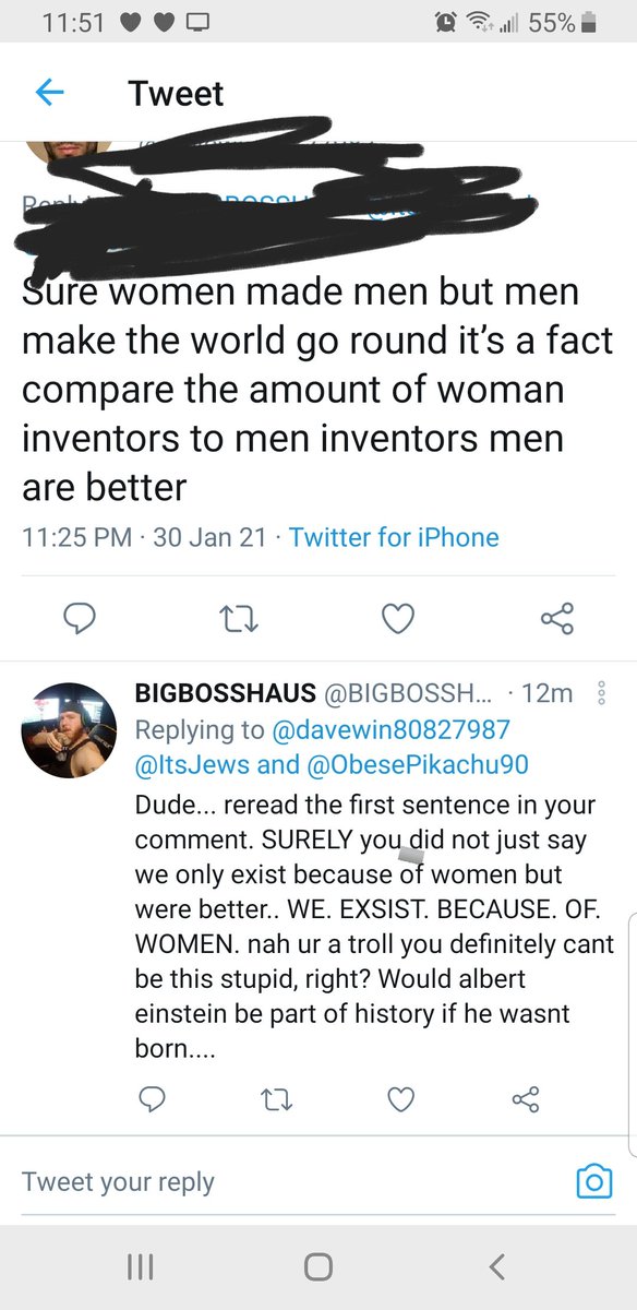 What in the.. Everytime I reread his comments I black out for a second.. This dude has some serious probs if he thinks men contribute more to.humanity than birth and life itself.. No wonder women hate us 😂😂😂😂