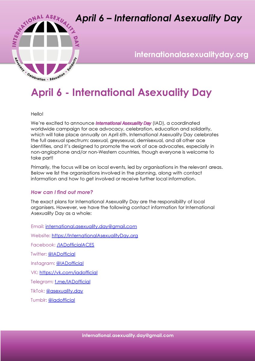 We’re excited to announce International Asexuality Day (IAD), a coordinated worldwide campaign for ace advocacy, celebration, education and solidarity, which will take place annually on April 6th.

Find out more: linktr.ee/IADofficial