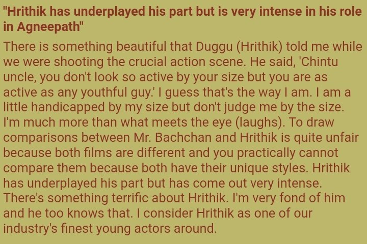 Legendary late actor Rishi Kapoor talking abt my  #HrithikRoshan and his act in Agneepath So so admirable and talented artist he was and the way he describes HR is so heart touching Interestingly he played 1st tym as villain and won plenty of accolades That's his talent