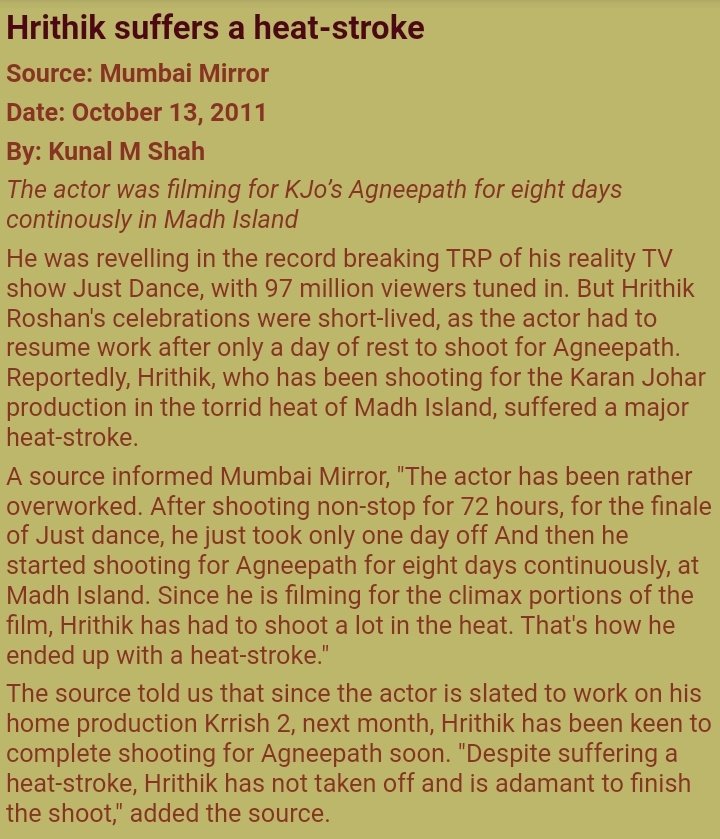 While shooting one of the most iconic climax ever of Indian cinema Hrithik Roshan faced heat strokeTho giving 72hours to JUST DANCE finale he took 1day gap and joined 8 day long schedule at Madh island for d climaxHRITHIK redefined Dedication