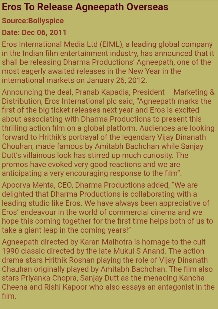 Agneepath satellite rights was sold at highest price at that time Beating the mighty biggies it was a grt achievement The overseas distributor Eros & the owner of zee network was damn enthusiastic which shows the mass hysteria created by  #HrithikRoshan