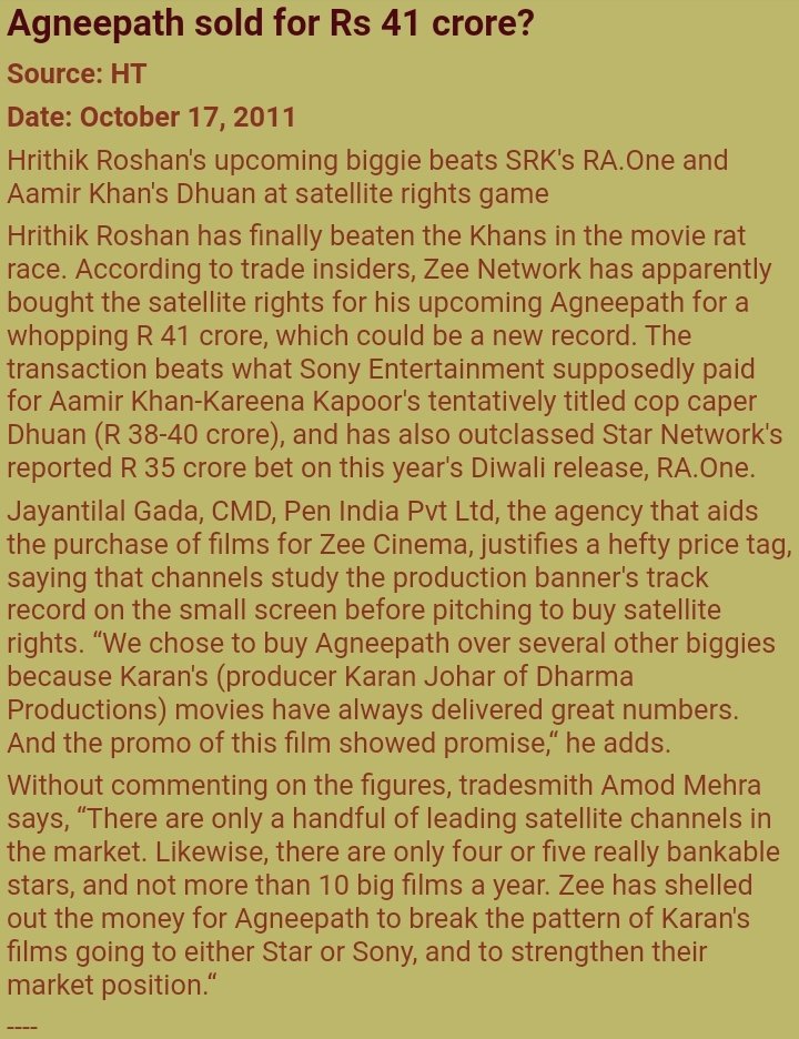 Agneepath satellite rights was sold at highest price at that time Beating the mighty biggies it was a grt achievement The overseas distributor Eros & the owner of zee network was damn enthusiastic which shows the mass hysteria created by  #HrithikRoshan