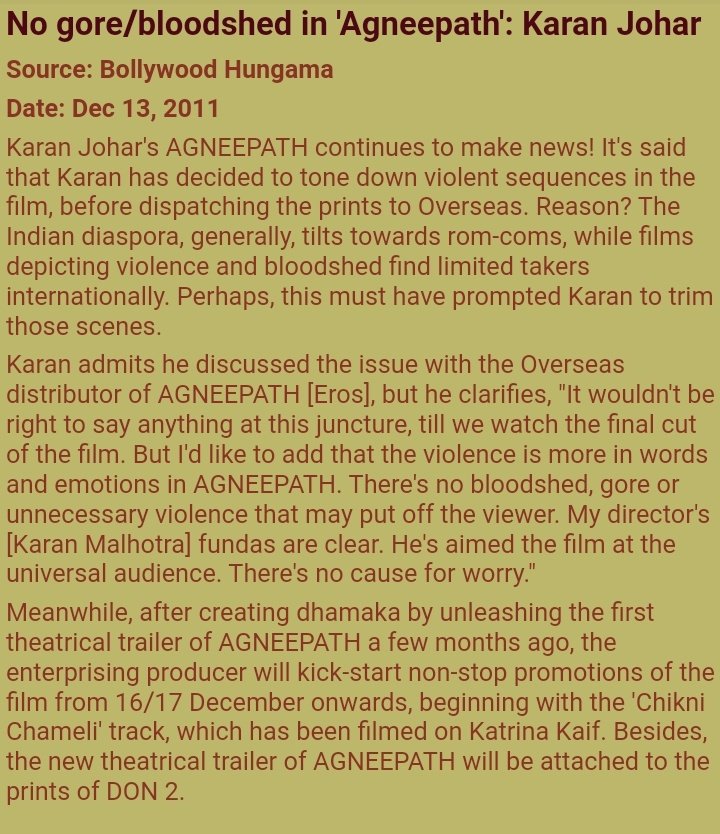 Producer kjo was damn confident abt  #HrithikRoshan's conviction & director's visionAgneepath 2012 was not filled wid unnecessary action sequences but the nucleus of d film was the drama Widout trying to emulate amit sir HR justify his role by playing in his style