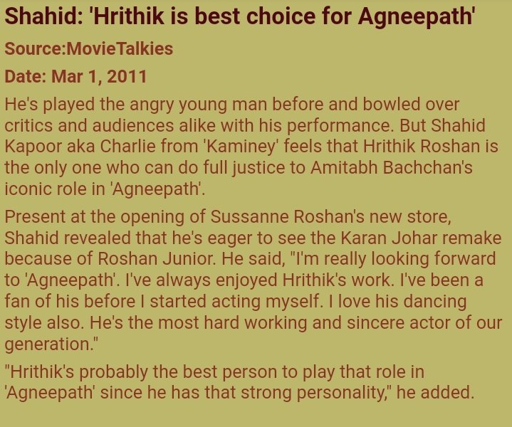  @shahidkapoor -  @iHrithik is d best choice for Agneepath  @duttsanjay - Hrithik has grown to be a fine actor These were the review by seniors and juniors over the performance of Vijay dinanath chauhan 