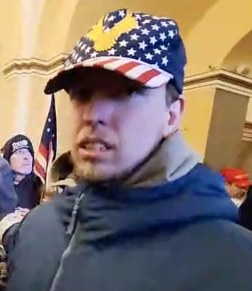 This insurrectionist is wearing the same hat as FBI BOLO #35-AFO, but the coat is different. He uses a chemical irritant on federal officers.  #FindThatLawBreaker