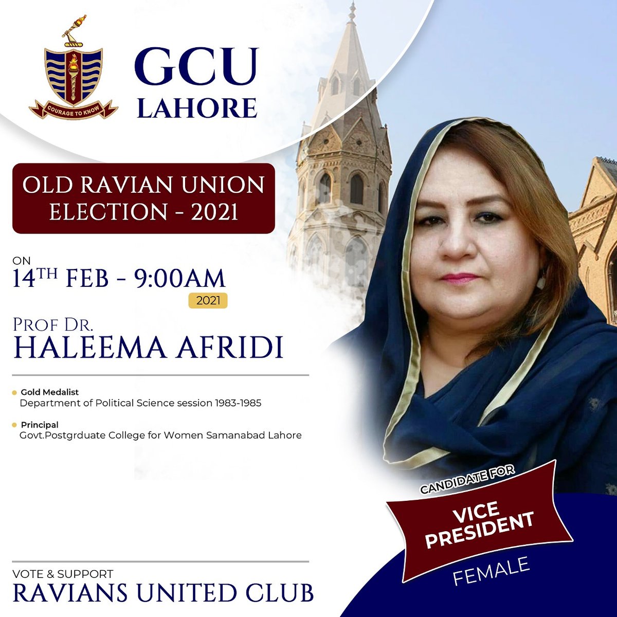 GroupOru's tweet photo. It is an honor for us to introduce our candidate of Vice President (Female) for Old Ravian Union Election 2021,Respected "Prof Dr Haleema Afridi".She holds gold medal in her educational career by securing 1st position. 
Honor to have you Maam.
@RanaAsadullahKh 
#ORU #leadership https://t.co/csQTMNYI2Z