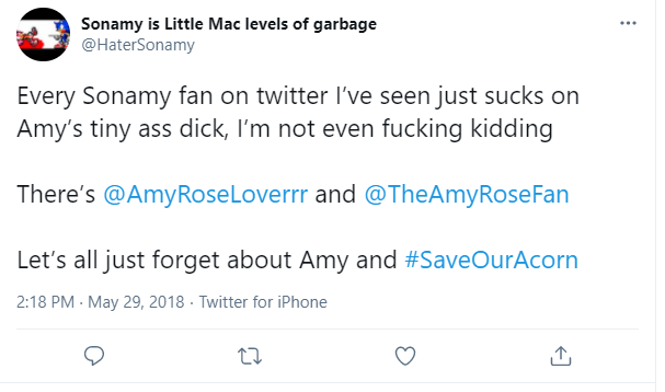 @/TheAmyRoseFan was one of my former mutuals I've spoken about, who I still follow to this day. He got dogpiled a lot for participating in the RoomForOneMore movement. He wasn't even attacking anyone, yet he is constantly the target for these trolls just because TLH94 exists.