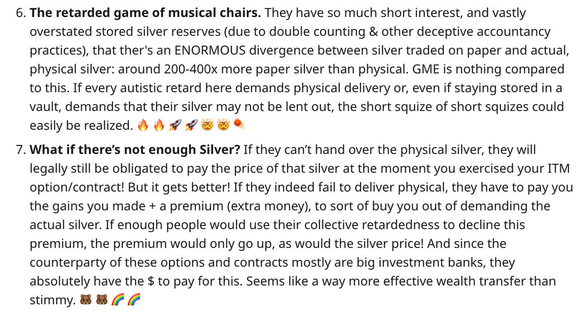 A thread from the comments in r/wsb highlighting how a short-squeeze on silver could result in a major shift in our global financial climate.This is worth the readSilver: the Epitome of Wall Street manipulation & Its Achilles' heel - Why the AG short squeeze is very possible: