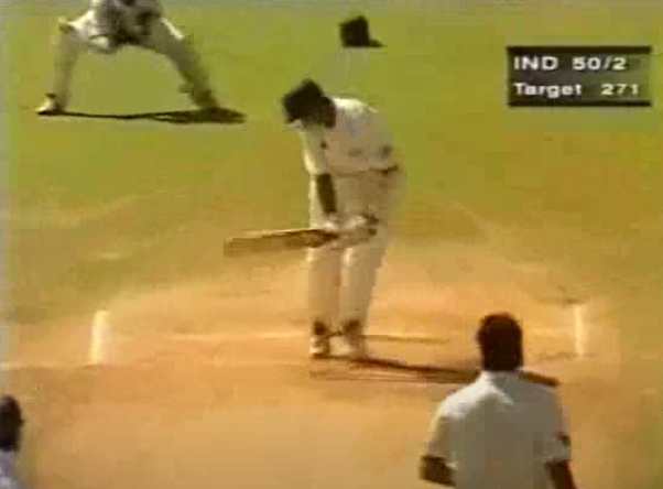 At 50, Dravid fell to Akram's uncanny skill. The 2nd and 4th balls pitched on the middle, swung back late and hit him on the pads down the leg side. The last ball was overpitched on the leg, swung away late, and took the off bail . Dravid walked back for 10 made over 110 minutes.