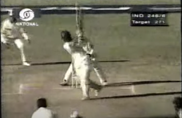 Tendulkar paddle swept — Ijaz at slip showed spectacular anticipation, moving across & fielding fine on the leg side. Undeterred, Tendulkar stepped out and straight drove the next ball for four. The next ball was pulled imperiously for four. Just 17 required , 4 wickets in hand
