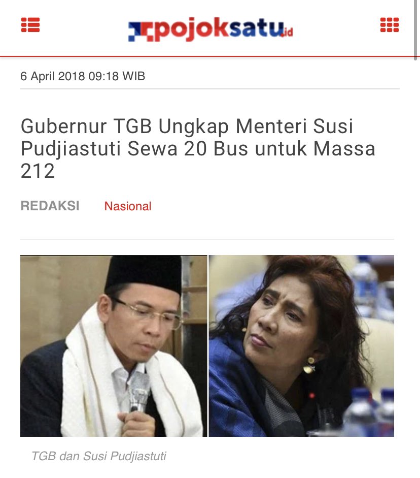 Keputusan Presiden @Jokowi th 2019 tepat, tidak menunjuk Susi Pudjiastuti sebagai salah satu Menteri periode 2019-2024.
Susi Pudjiastuti tercium main dua kaki.

Apalagi pernyataan TGB th 2018 bahwa Susi Pudjiastuti menyewa 20 bus untuk aksi 212, belum pernah dibantah oleh Susi.