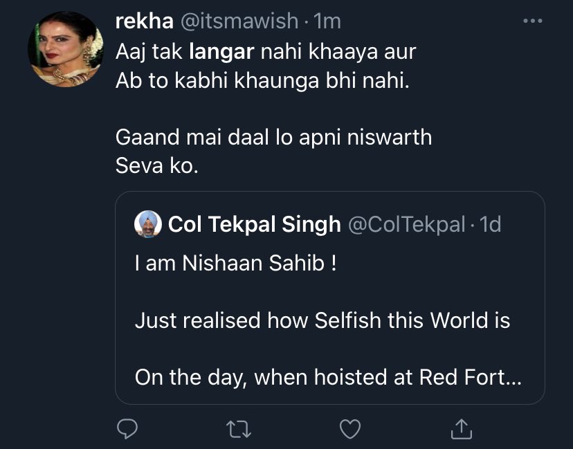 Rekha ji being pissed off at the Col. for  #Langar - pointing out the ‘buttocks’ area.