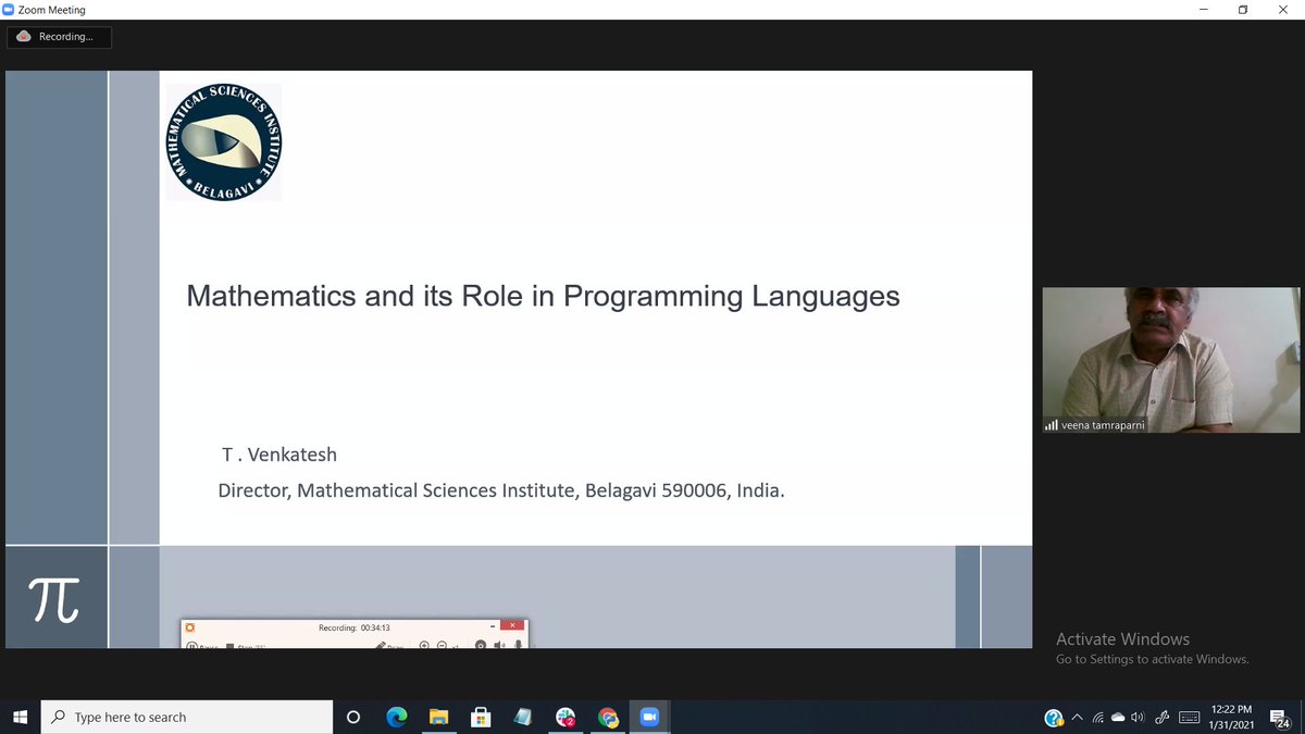 Belpy2021's tweet photo. Prof. Venkatesh Tamraparni Director of Mathematical Sciences Institute Belagavi is delivering a last keynote address of BelPy 2021  on "Mathematics and its Role in Programming Languages" #belpy2021 #python https://t.co/HYXGATN8jr