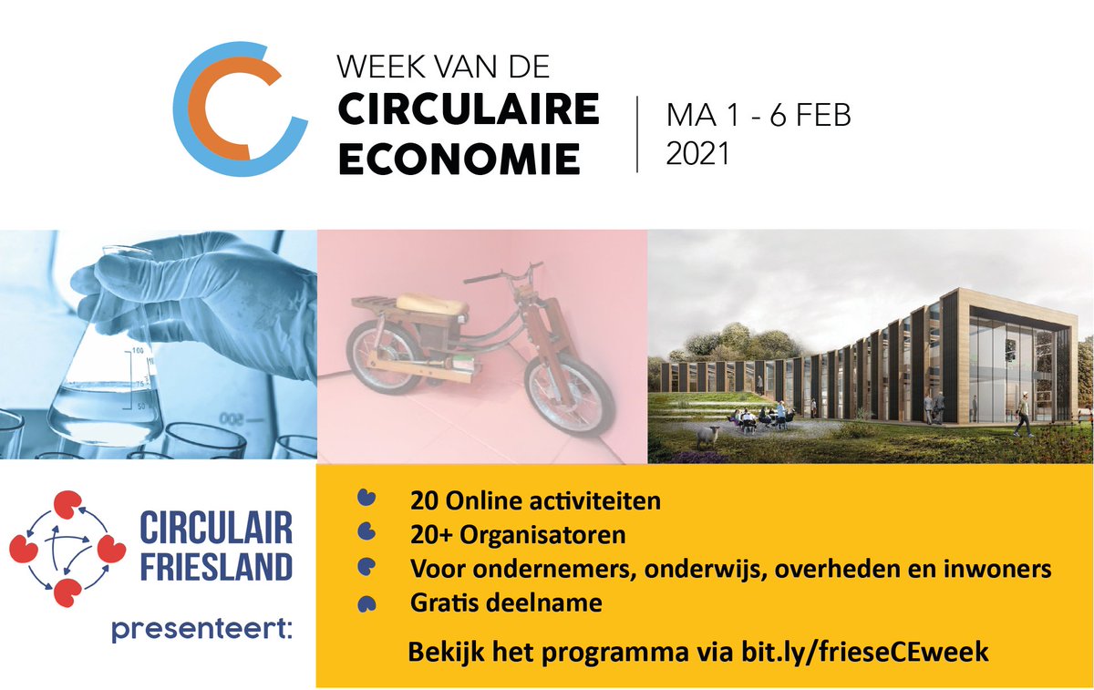 Wat staat er op 1 februari op het Friese programma van de #WeekvandeCE? #Masterclass 'De #regionale #aanpak werkt!', Webinar #Onderwijs in de 4e industriële revolutie,  Practorale rede 'Duurzaam denken, #duurzaam #doen en een Fuck-upsessie. Meer info op bit.ly/3aXXgNd
