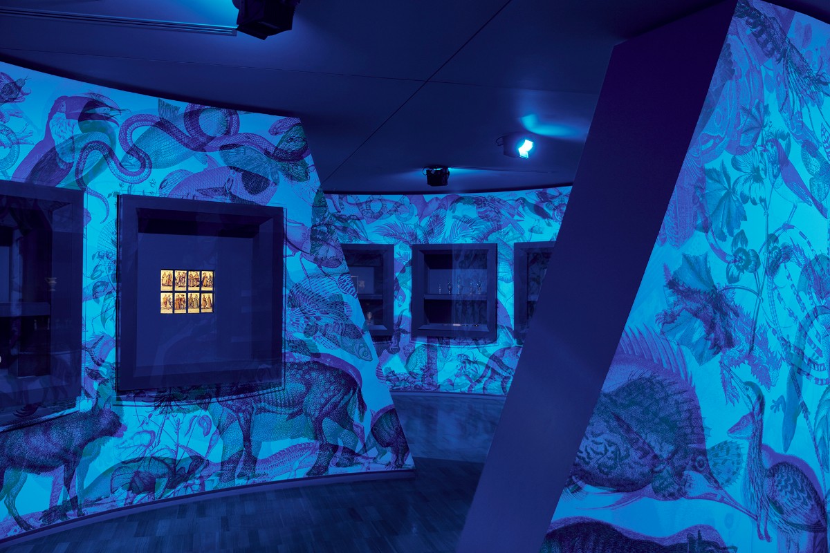 NGVMelbourne's tweet photo. Wander the halls of Carnovsky's Extinctions (2020) and witness the interactive wallpaper transform before you. Different lighting is used to hide or expose various species, based on their extinction risk level. 
#NGVTriennial https://t.co/mWDeNtKqI7