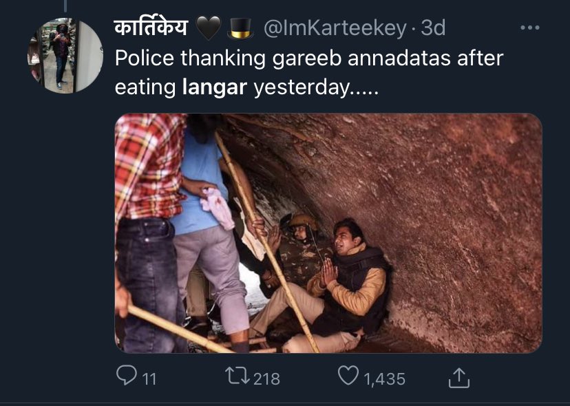 Kartikeya finding a rare image of  #Langar community folks forcing the policemen to have more langar cause they didn’t want to waste the food. Such generosity. Much wow.