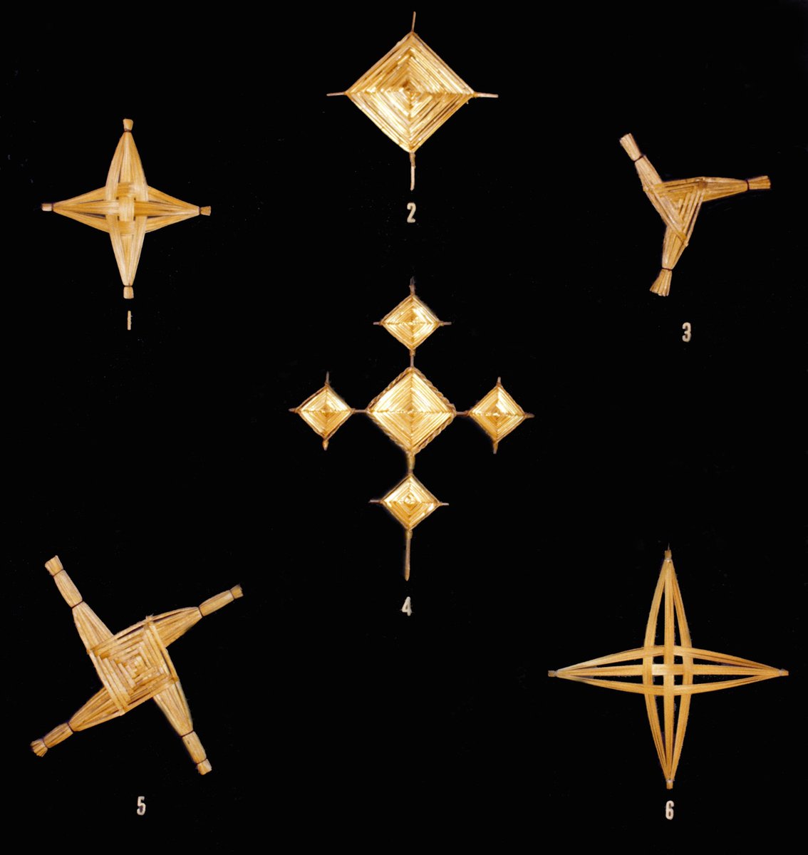 One of the most common observances is the making of St. Brigid’s cross. Made from rushes or straw, and in various shapes, the cross would be hung over the door of the house to protect against fire, lightning, and illness. A cross could also be hung in the byre to protect cattle.