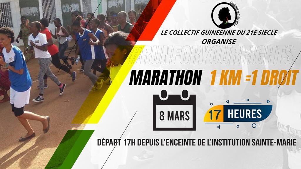 gdu21es's tweet photo. 💥Nous sommes heureuses d’annoncer qu’#1km1Droit revient sous forme de relai ce 8 mars💥
🌟L'objectif est le même : attirer l’attention des pouvoirs publics sur les conditions de vie des Guinéennes 🇬🇳
Inscrivez-vous :
https://t.co/4uWTSKLbDN
#RunForYourRights #Kibaro https://t.co/yANyij4T4V