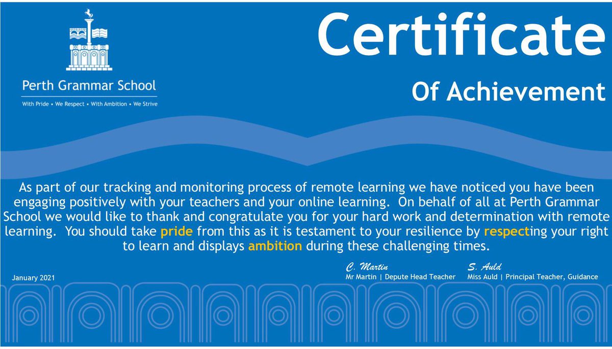 PerthGrammar's tweet photo. After 3 weeks of online learning, 428 @PerthGrammar pupils received recognition from House Teams for their hard work during January. Congratulations everyone! Now to maintain and build on this in for a fabulous #February. #learning360 #Pride #Respect #Ambition #pkcremotelearning https://t.co/EKpoUG79X6