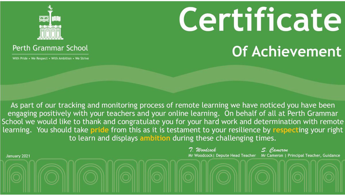 PerthGrammar's tweet photo. After 3 weeks of online learning, 428 @PerthGrammar pupils received recognition from House Teams for their hard work during January. Congratulations everyone! Now to maintain and build on this in for a fabulous #February. #learning360 #Pride #Respect #Ambition #pkcremotelearning https://t.co/EKpoUG79X6