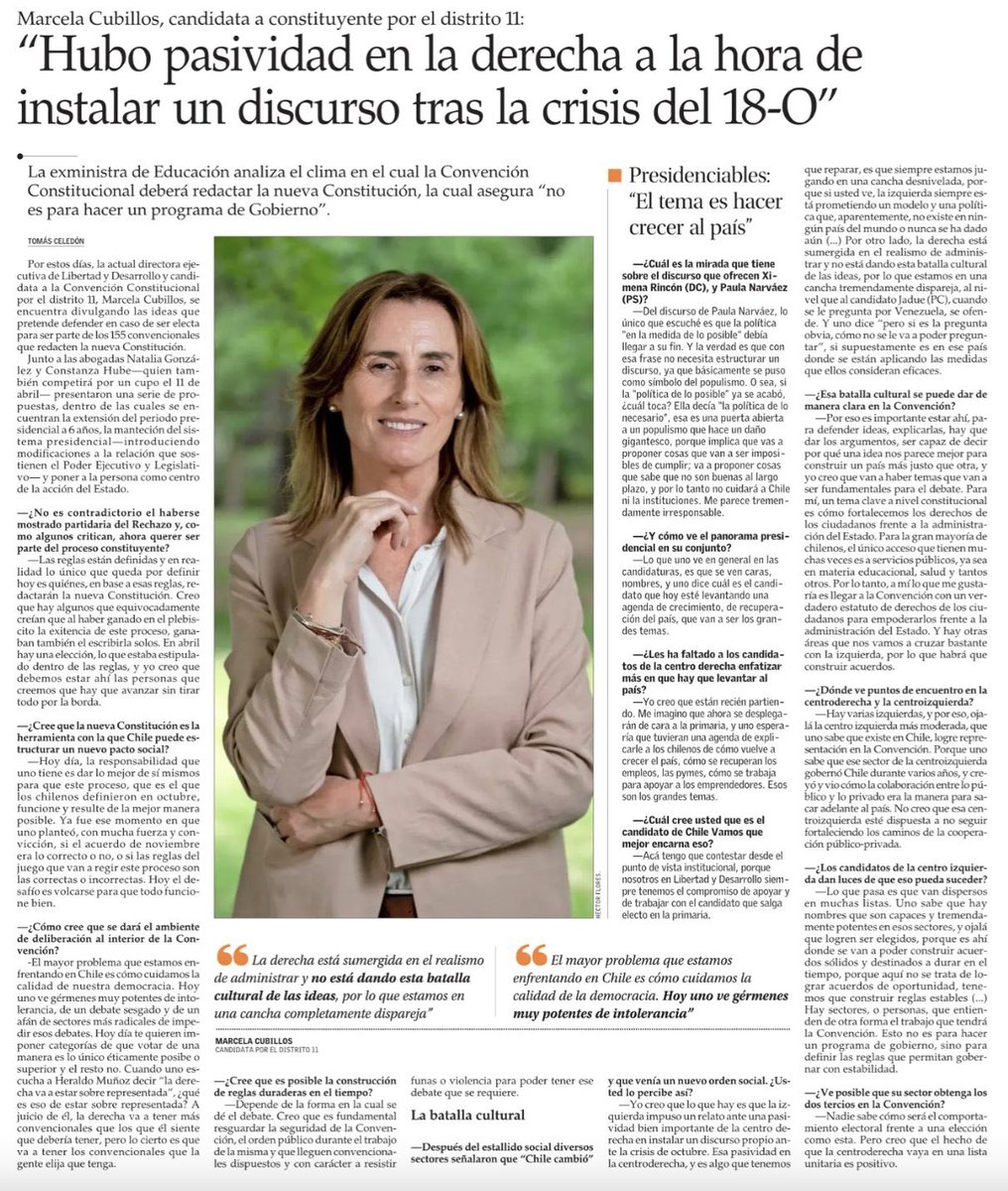 mcubillossigall's tweet photo. Los que creemos que nuestras ideas no se defienden solas #DebemosEstarAhí para que la Constitución que se escriba nos represente a todos. Comparto entrevista de hoy en @ElMercurio_cl https://t.co/6s1gLwOFnM