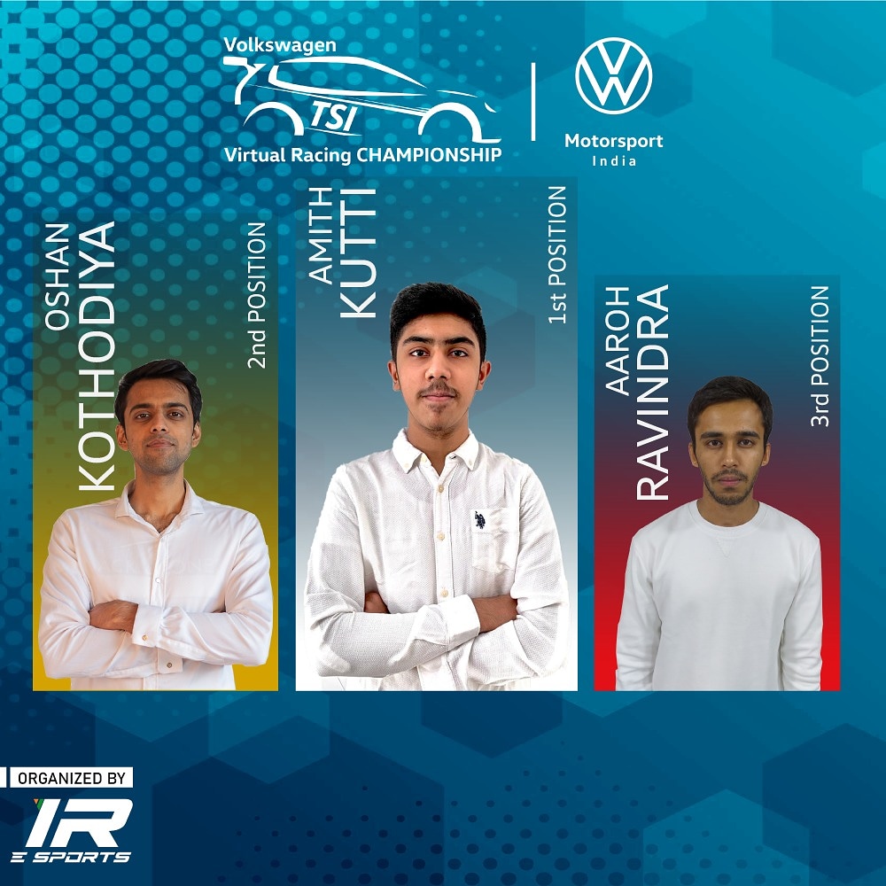 Congratulations to the winners of #VWVRC Season 1 Race 10 ! 
#Volkswagen #TSIPower #MovingForward #VolkswagenVRC #eRacing #OnlineRacing #VirtualRacing #eSport #CompetitiveEsports #IReSports #IeRC #OnlineGaming #Racing #Motorsport #VolkswagenMotorsport #VolkswagenMotorsportIndia