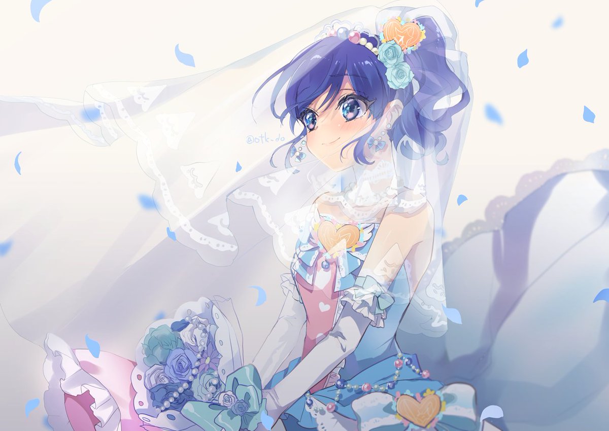 kiriya aoi 1girl dress blue hair blue eyes veil solo flower  illustration images