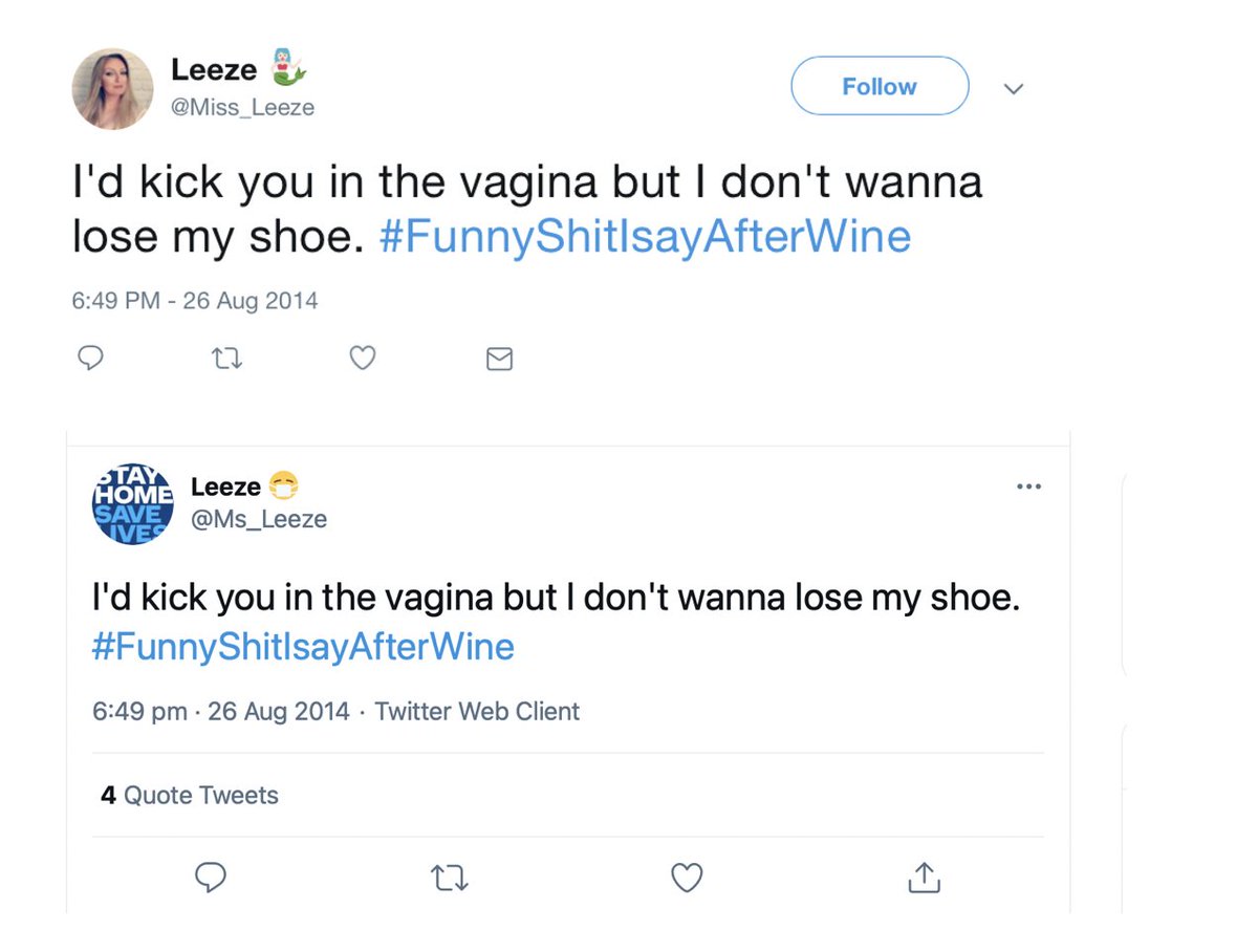 We have proof it's the same account. That's because Leeze wasn’t smart enough to delete all the archived stuff, lots still there. So now we’ve archived it again as  @Ms_Leeze too. Like this; it's still there, check yourself 3/19 https://twitter.com/Ms_Leeze/status/504324791776837632  https://archive.is/zYijT 