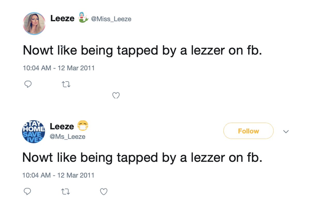 Here’s one of Leeze using homophobic language: Both tweets are archived here: http://archive.is/8sOVG  https://archive.is/JlTSh Again, the original is still there for all to see under the  @Ms_Leeze username: https://twitter.com/Ms_Leeze/status/466325944854118405/19