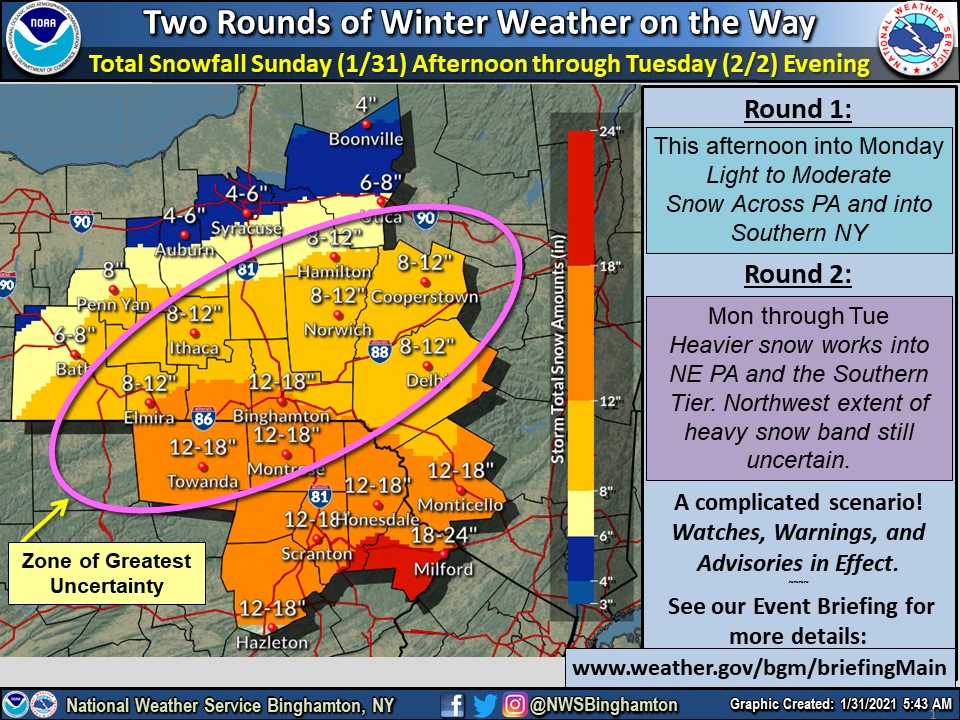 SullivanCntyGov's tweet image. The watch has now become a full-blown Winter Storm Warning for Sullivan County, as forecasters become more certain that we'll be visited by a nor'easter between 5 p.m. tonight and 1 p.m. Tuesday. Due to the multi-day nature of this storm, snowfall totals could well exceed a foot.