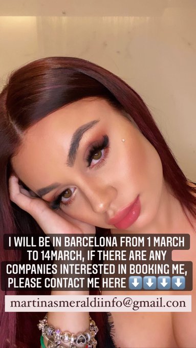 I will be in Barcelona from 1 march to 14 march, if there are any companies interested in booking me<a href="/tag/booty"class="tags"><span>#booty</span></a><a href="/tag/italiangirl"class="tags"><span>#italiangirl</span></a><a href="/tag/martinasmeraldi"class="tags"><span>#martinasmeraldi</span></a>