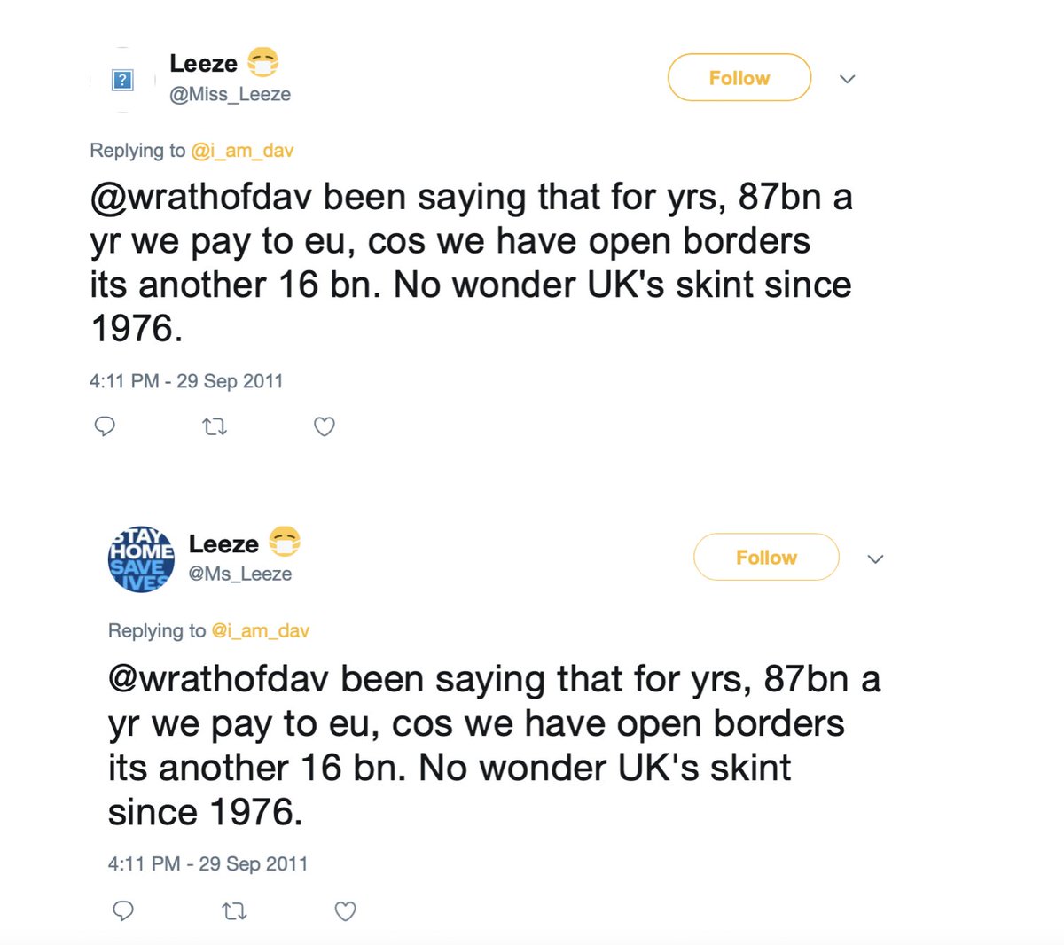 Aaaannndd… Another anti-immigration one, Leeze’s natural political home definitely more UKIP than SNP. http://archive.is/AxqTY&nbsp; https://archive.is/mWmS5&nbsp;And, yep, you guessed it - still there, see for yourself: https://twitter.com/Miss_Leeze/status/11954982015429427311/19
