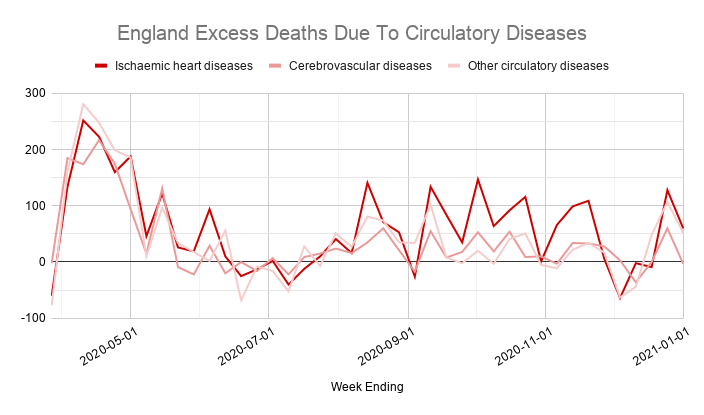 Possibly related to this, circulatory diseases are the only cause seeing any significant numbers of excess deaths throughout the year.There were 5,707 excess deaths due to these causes (2,090 involving covid).About half were in April, the rest spread over the next 8 months.
