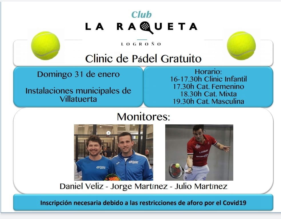 Esta tarde estaremos en Villatuerta haciendo un clinic gratuito de pádel 🎾🎾
Gracias al ayuntamiento por cedernos las instalaciones para poder realizar este evento de promoción! 
Debido a las restricciones Covid 19 hay plazas limitadas!
Todas las plazas se han completado! 👏👏👏