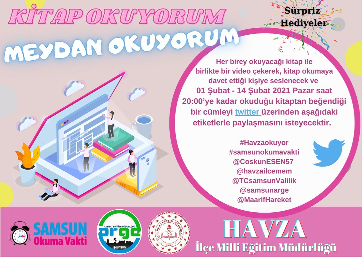 Havza Millî Eğitim Müdürlüğü tarafından düzenlenen ' Kitap Okuyorum, Meydan Okuyorum ' isimli proje için eğitim bölgemizdeki tüm öğrenci ve öğretmenlerimizi kitap okumaya davet ediyoruz  ... <a href="/havzailcemem/">Havza İlçe MEM</a> <a href="/CoskunESEN57/">Coşkun ESEN</a> <a href="/samsunmem/">Samsun İl Milli Eğitim Müdürlüğü</a> <a href="/samsunarge/">SAMSUN İL MEM AR-GE</a> <a href="/samsunarge/">SAMSUN İL MEM AR-GE</a> <a href="/MaarifHareket/">MaarifHareketi🇹🇷</a>