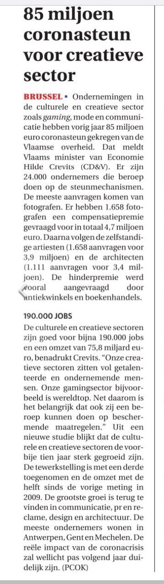 crevits's tweet photo. De culturele- en creatieve sector is de voorbije 10 jaar sterk gegroeid. Steun verleend om moeilijke periode door te komen. @DeZondag https://t.co/GI9lILdtIY