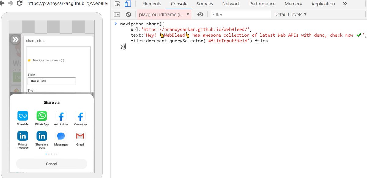 📢Native Share API on Web📢

Day by day the the gap between native app and website is minimizing. For any app, sharing (image 📷/text📝/video🎥) is one of the necessary feature. This API exactly helps to do that.

👉 navigator.share()

demo link given below

#javascript #js