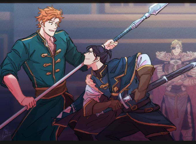 It was really exciting to take part in #SYLVIX_WORLD hosted by bochi san!! Here is the margrave and the duke sparring in front of the king for @yuifeeeee !! :3

#FE3H #FireEmblemThreeHouses #sylvix 