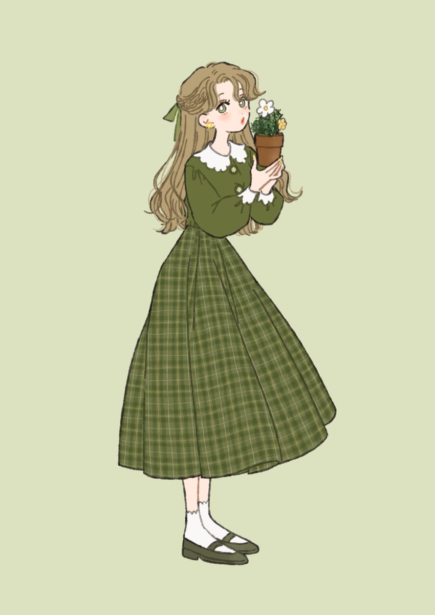 1girl solo plaid long hair flower long sleeves green background  illustration images