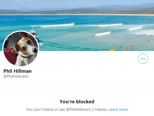 Not surprisingly, the coward blocked me. I knew he would. They always do. Which is why I saved screenshot for posterity. Interesting that his profile is dog with blue background, innit?  Maybe I touched a nerve with one of my other threads on symbolism ...  #bluedog