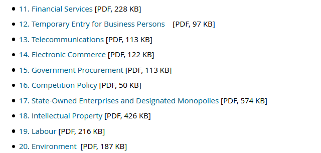 New Zealand is a good place to start. It has the text by chapter, 30 of them:  https://www.mfat.govt.nz/en/trade/free-trade-agreements/free-trade-agreements-in-force/cptpp/comprehensive-and-progressive-agreement-for-trans-pacific-partnership-text-and-resources/(Canada has summaries by chapter:  https://www.international.gc.ca/trade-commerce/trade-agreements-accords-commerciaux/agr-acc/cptpp-ptpgp/chapter_summaries-sommaires_chapitres.aspx?lang=eng) #CPTPP2/13