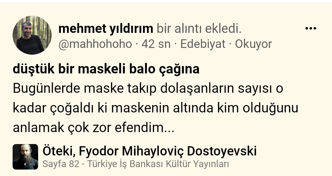 mahhohoho's tweet photo. #Dostoyevski #Oteki
Kavalye seçerken dikkat edin, ne de olsa maskelerden ne seçtiğini bilemezsin 🧐 https://t.co/5Kz1yluOnd