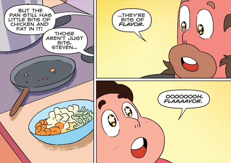Byte_Universe's tweet photo. From Steven Universe Comic #32 (2019)...
I love those little moments when you can tell where Steven got his goofiness from - his dad is just as big a goofball as he is. I wonder if this same sentiment extends to Steven's love of fry bits? https://t.co/WG3FM1emyK