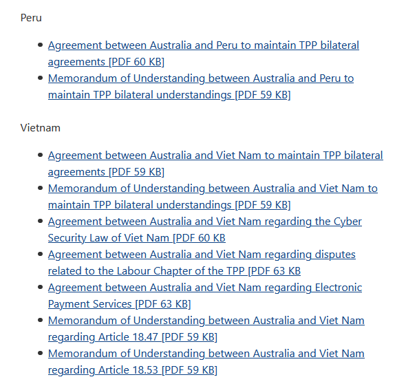 “Right. Is that it?”“Those are only the side agreements involving New Zealand. Here are Australia’s” https://www.dfat.gov.au/trade/agreements/in-force/cptpp/official-documents/Pages/official-documents #CPTPP4/13