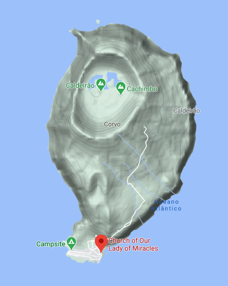  It’s fitting that the smallest island, Corvo, should have a dinky church. This is the latest incarnation, after previous versions were destroyed by pirates (1632) and fire (1932). The church is just a stone’s throw from the port and airstrip so no excuses for not visiting.