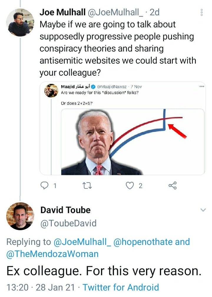 Former  @QuilliamOrg Director of Policy  @ToubeDavid has also now confirmed publicly that he has left the counter-extremism think-tank for "this very reason" - the spreading of conspiracy theories, inc from extreme sources. But i do not think the org has made any public comment yet