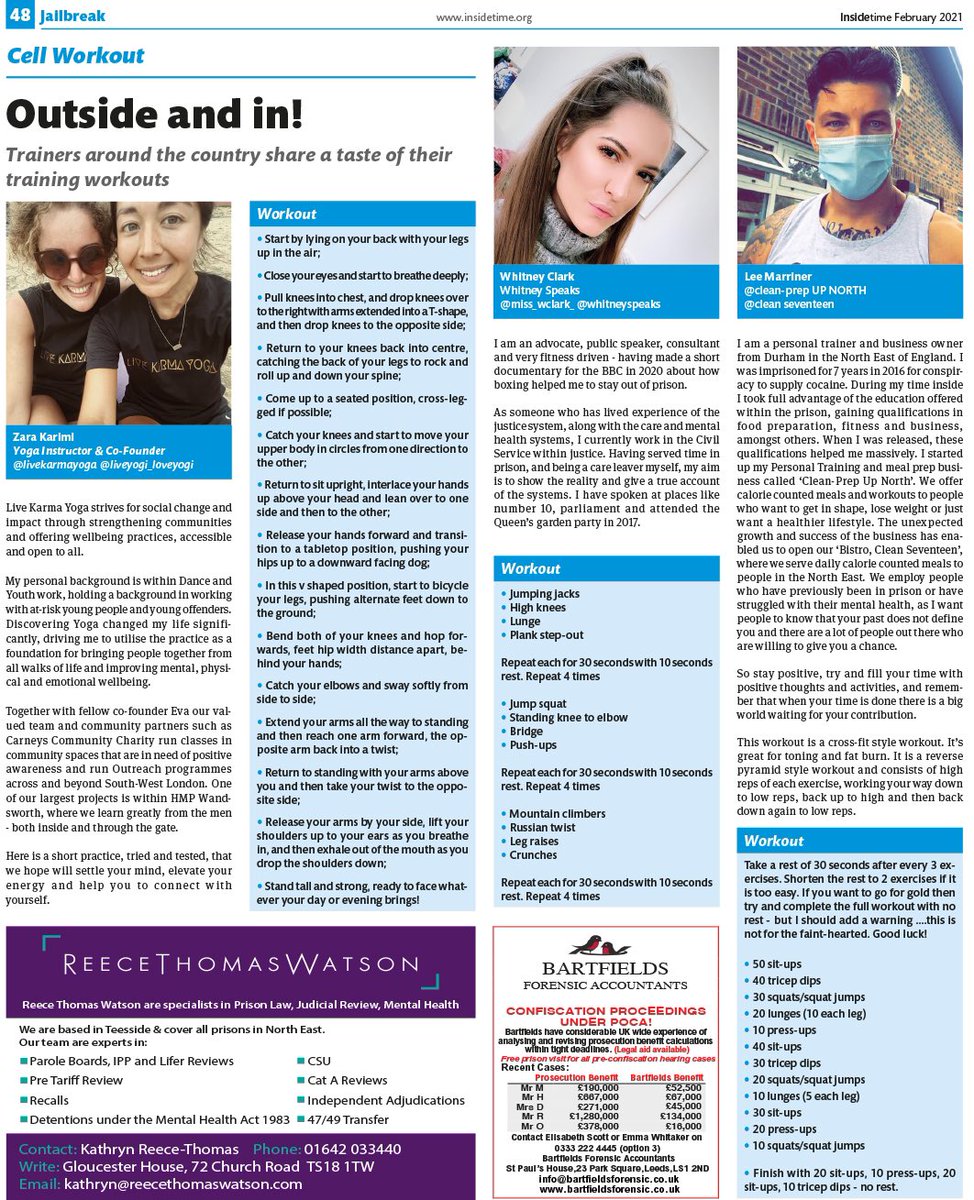 cellworkout's tweet photo. #OutsideAndIn February issue of #Prison Newspaper @InsideTimeUK featuring #LiveKarmaYoga @_whitneyec @LeeMarriner share a taste of their training background and give people in prison a variety of three #CellWorkout’s to keep them energised during this extended #Lockdown https://t.co/YVSEutDoOf