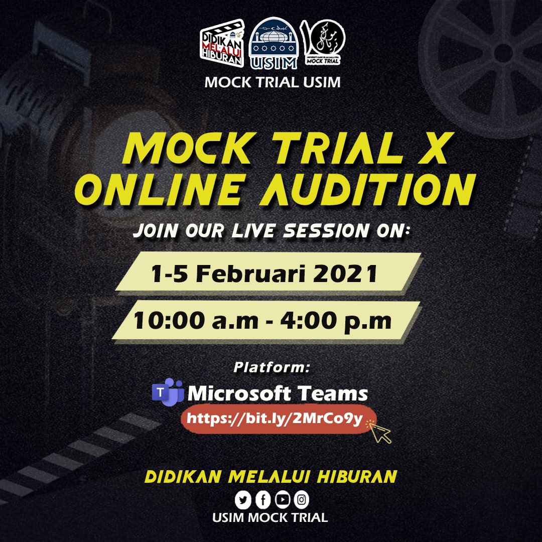 [🎞 SESI LIVE ONLINE AUDITION MOCK TRIAL USIM 📸]

Pendaftaran Ujibakat Mock Trial X : shorturl.at/lxRV5

📞Untuk sebarang pertanyaan, sila hubungi :
👱🏻‍♂️ Faris : wasap.my/60122429018
🧕🏻 Azim : wasap.my/601119706107